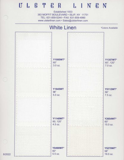 Swatch Card Range of White Linen Fabric