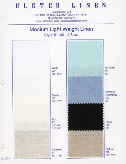 Y1140 Swatch Card of Medium Weight Linen Fabric